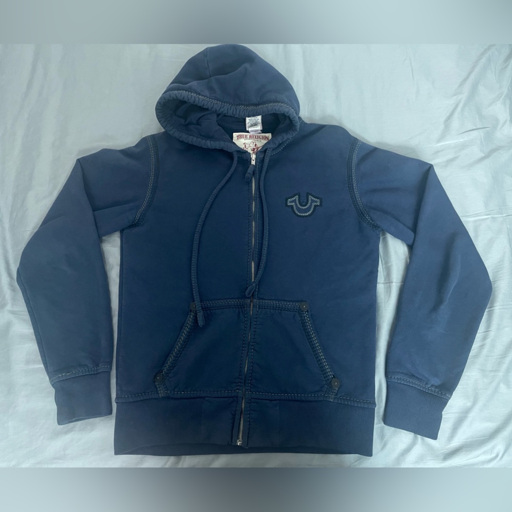 True Religion Navy Blue Zip Hoodie with Logo